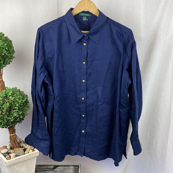 Ralph Lauren 100% Linen Navy Blue Long Sleeve Button Up Top Shirt Blouse 1X Plus - Picture 2 of 6